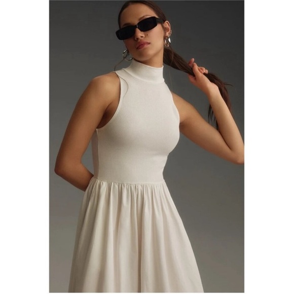 REFORMATION Sai Mixed Media Mock Neck Organic Cotton Dress Ivory Size XS NWOT - Picture 3 of 8